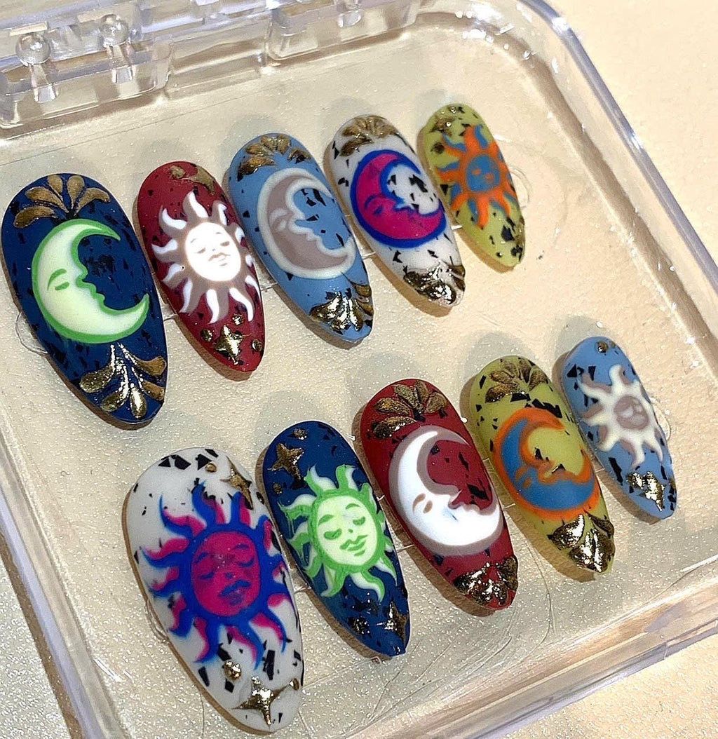 Celestial Sun & Moon Press On Nails: Hand-Painted Cosmic Boho Nail Art