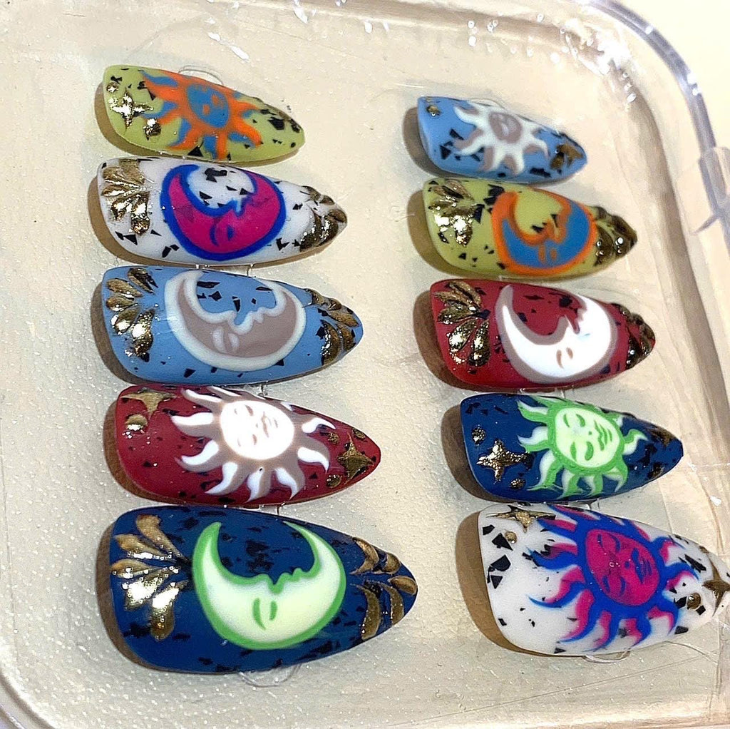 Celestial Sun & Moon Press On Nails: Hand-Painted Cosmic Boho Nail Art
