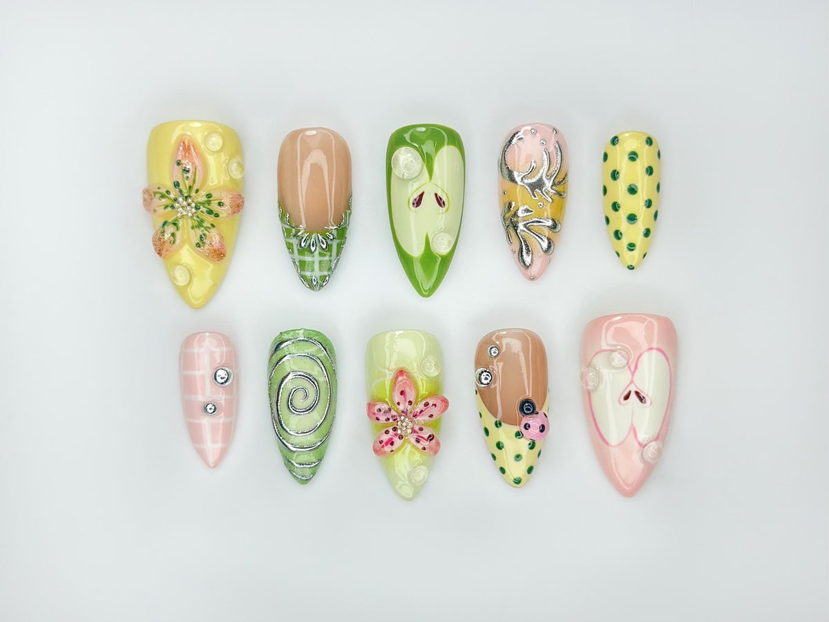 Green Garden Press On Nails | 3D Floral Accents, Ladybug Charms & Whimsical Pastel Nail Art | Handmade Nature-Inspired Nail Set | JB123EC