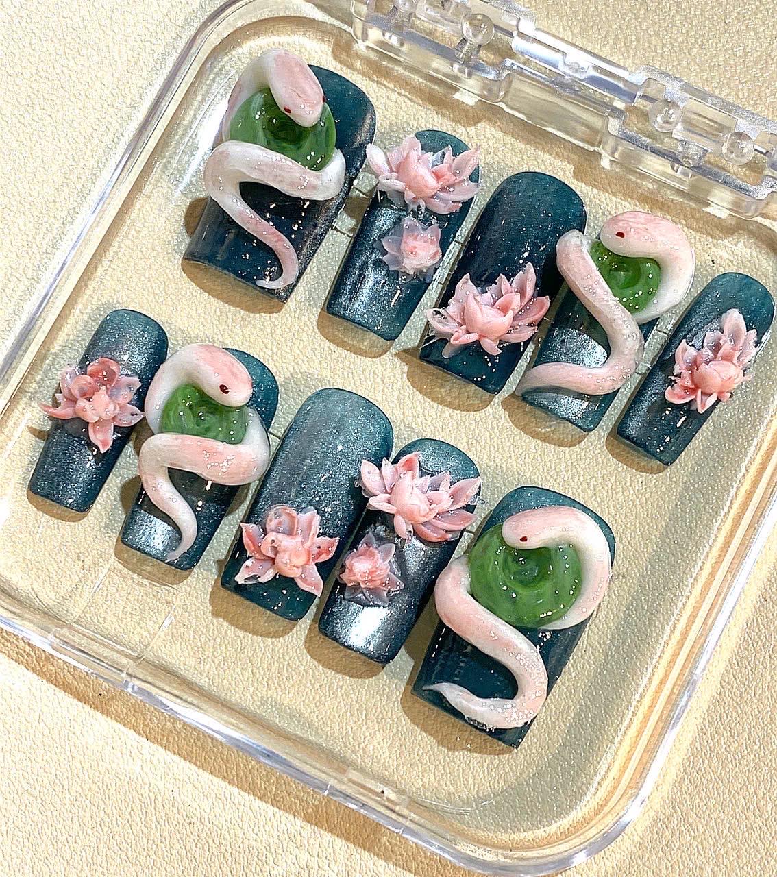 3D Snake & Lotus Press On Nails: Dark Green Floral Nail Art