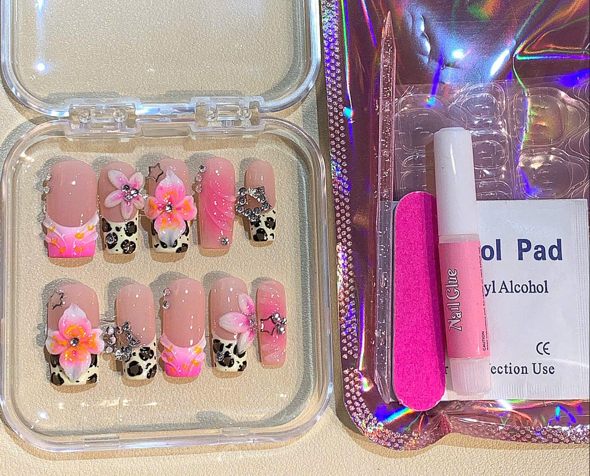 3D Floral Leopard Press On Nails: Pink Rhinestone Almond Nail Art