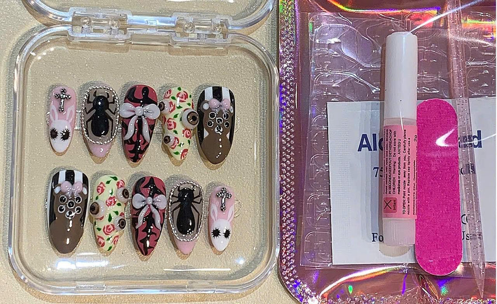 Horror Press On Nails, Halloween False Nails, Spider, Bunny, Bear, Eyeball, Bow