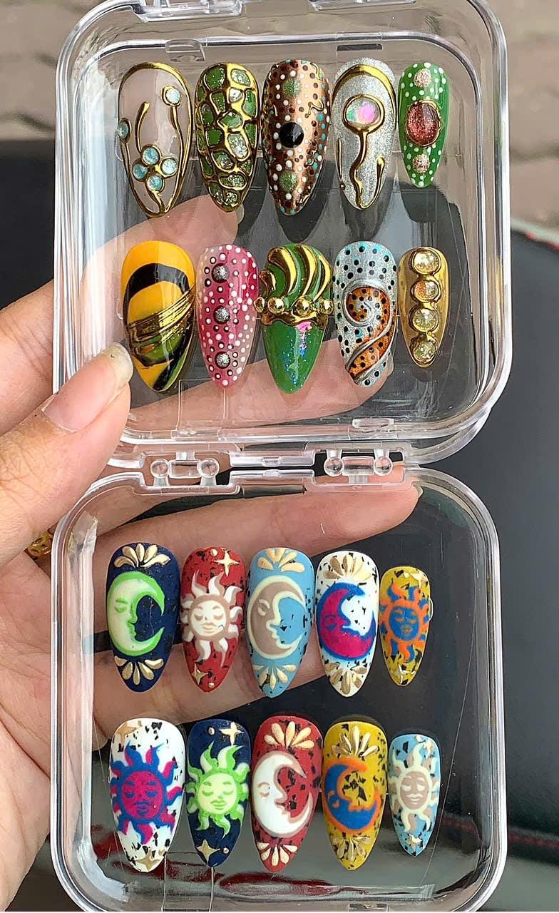 Hand Painted Press On Nails | Green Gold Abstract Dot Art