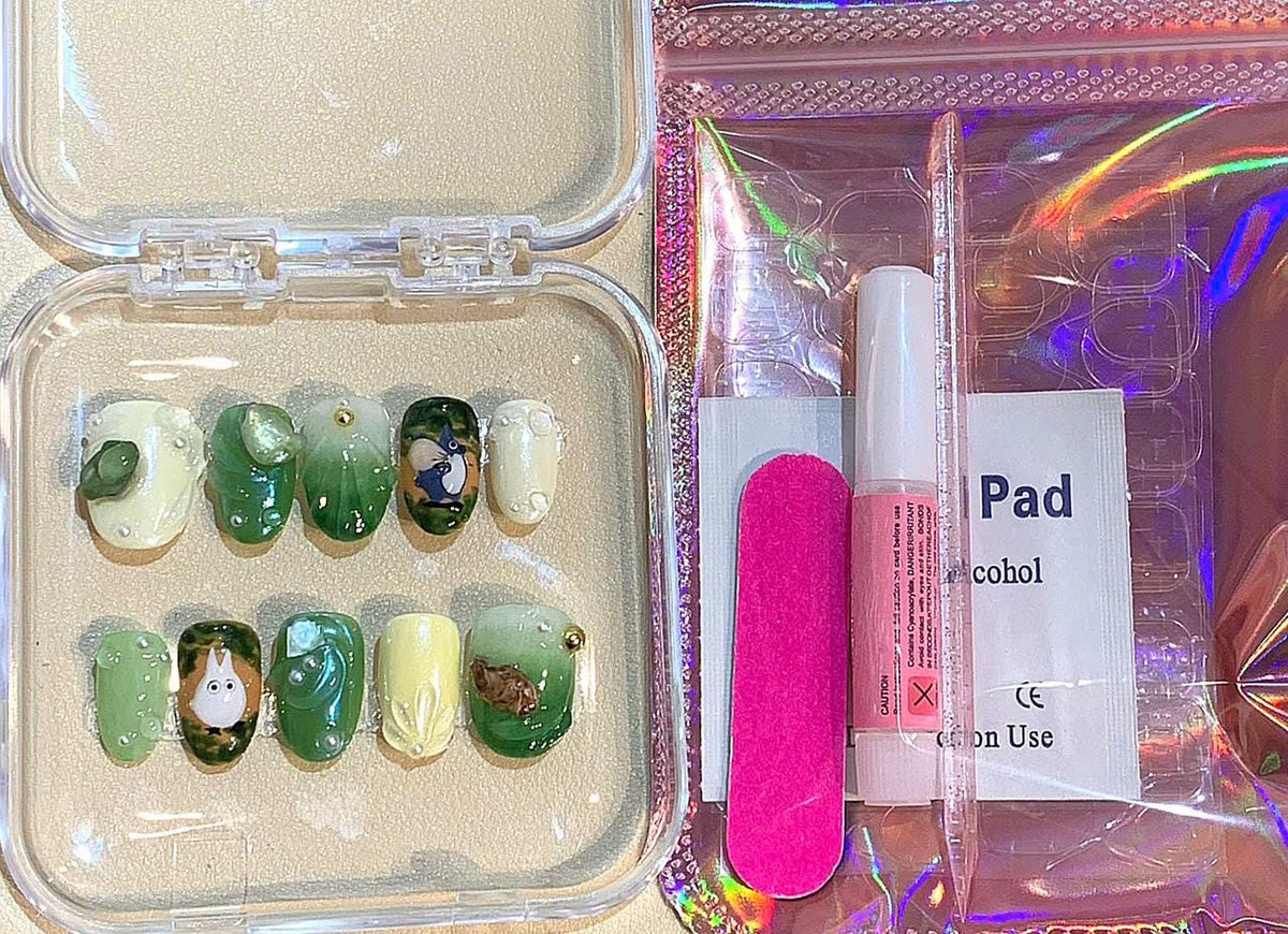 Totoro Forest Press On Nails – Studio Ghibli Inspired Handmade Green Jelly Nail Art Set