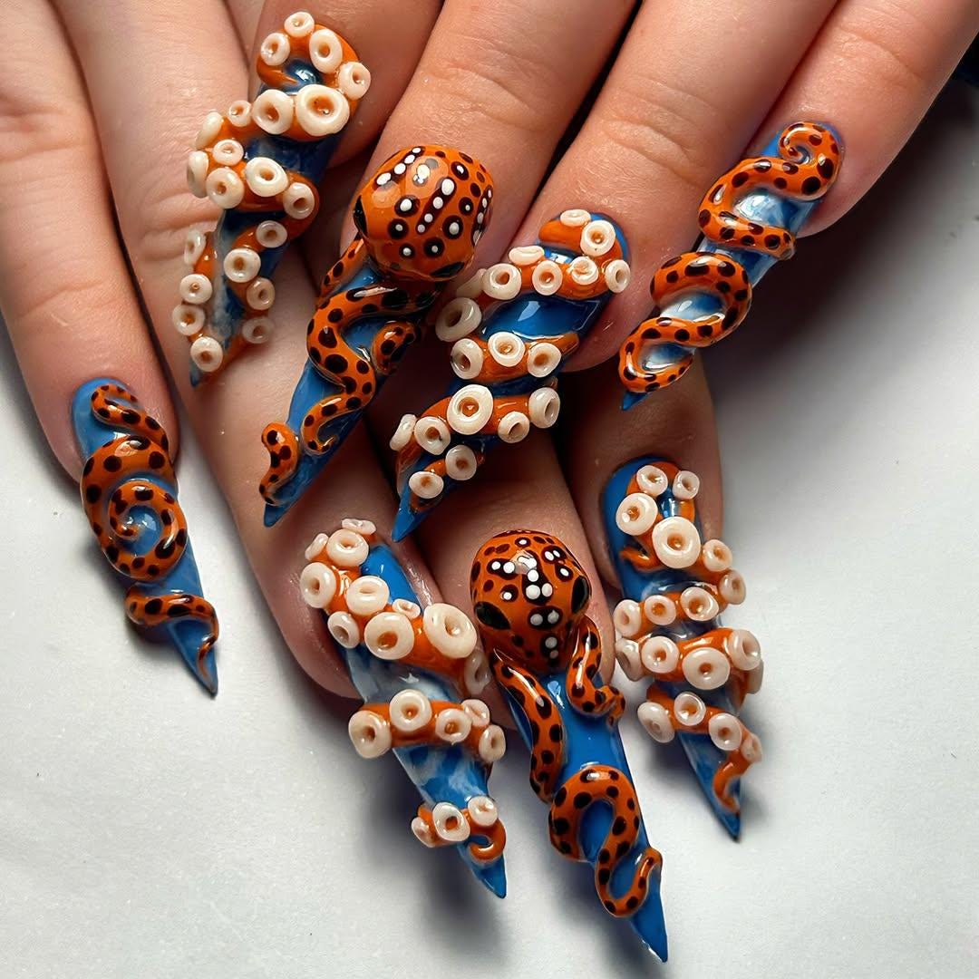 Deep Sea Octopus Press On Nails | 3D Tentacle Nail Art | Blue Ocean Stiletto Nails | Handmade Marine Life Press Ons | JB125HK