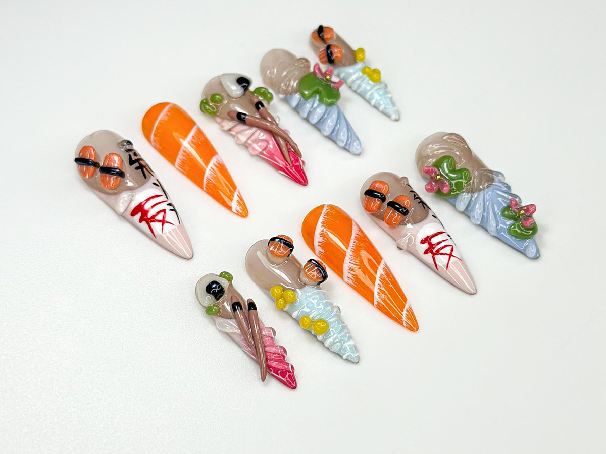 Cute Sushi Press On Nails | 3D Japanese Food Nail Art | Kawaii Salmon & Sushi Roll Nails | Handmade Foodie Press Ons | Fun Design | JB990HC