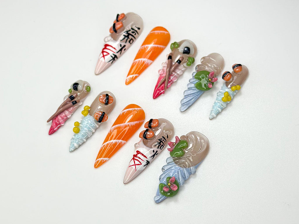 Cute Sushi Press On Nails | 3D Japanese Food Nail Art | Kawaii Salmon & Sushi Roll Nails | Handmade Foodie Press Ons | Fun Design | JB990HC