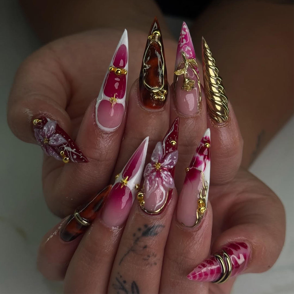 Crimson Floral Fall Press On Nails | 3D Red Floral & Gold Nail Art | Sculpted Jewel Accent Nails | Handmade Elegant Press On Set | JC992HP