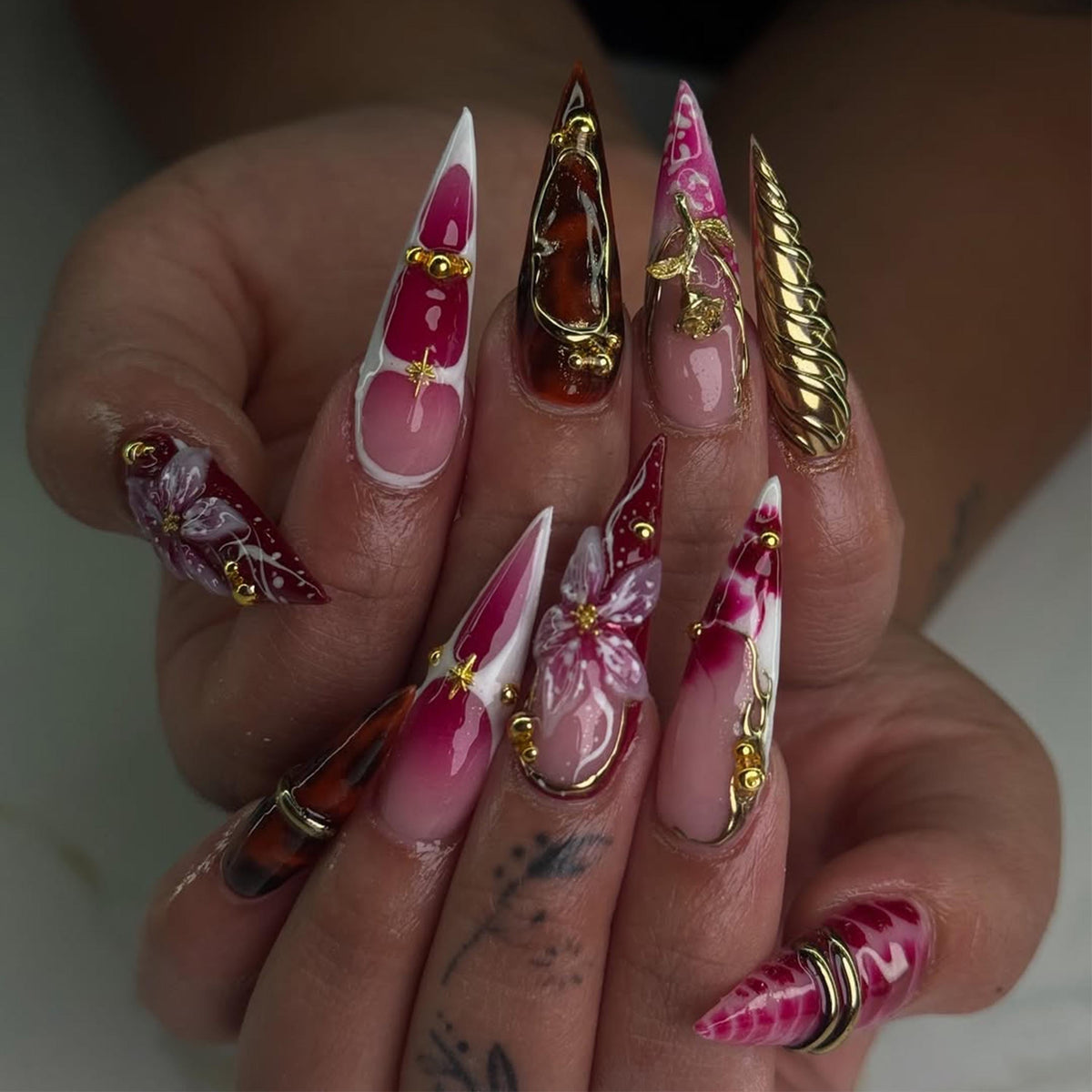 Crimson Floral Fall Press On Nails | 3D Red Floral & Gold Nail Art | Sculpted Jewel Accent Nails | Handmade Elegant Press On Set | JC992HP