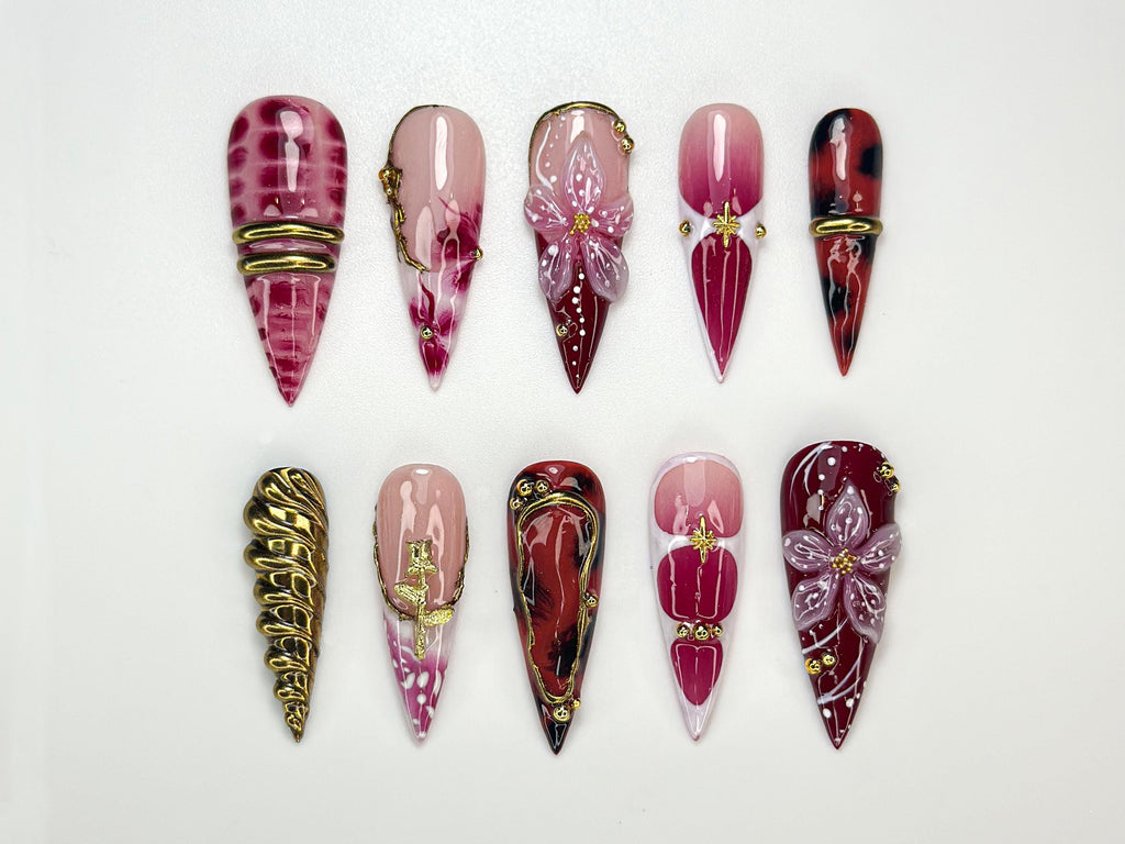 Crimson Floral Fall Press On Nails | 3D Red Floral & Gold Nail Art | Sculpted Jewel Accent Nails | Handmade Elegant Press On Set | JC992HP