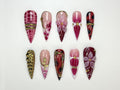 Crimson Floral Fall Press On Nails | 3D Red Floral & Gold Nail Art | Sculpted Jewel Accent Nails | Handmade Elegant Press On Set | JC992HP