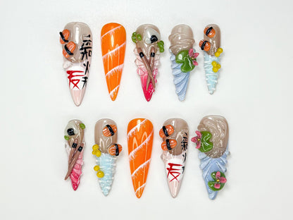 Cute Sushi Press On Nails | 3D Japanese Food Nail Art | Kawaii Salmon & Sushi Roll Nails | Handmade Foodie Press Ons | Fun Design | JB990HC