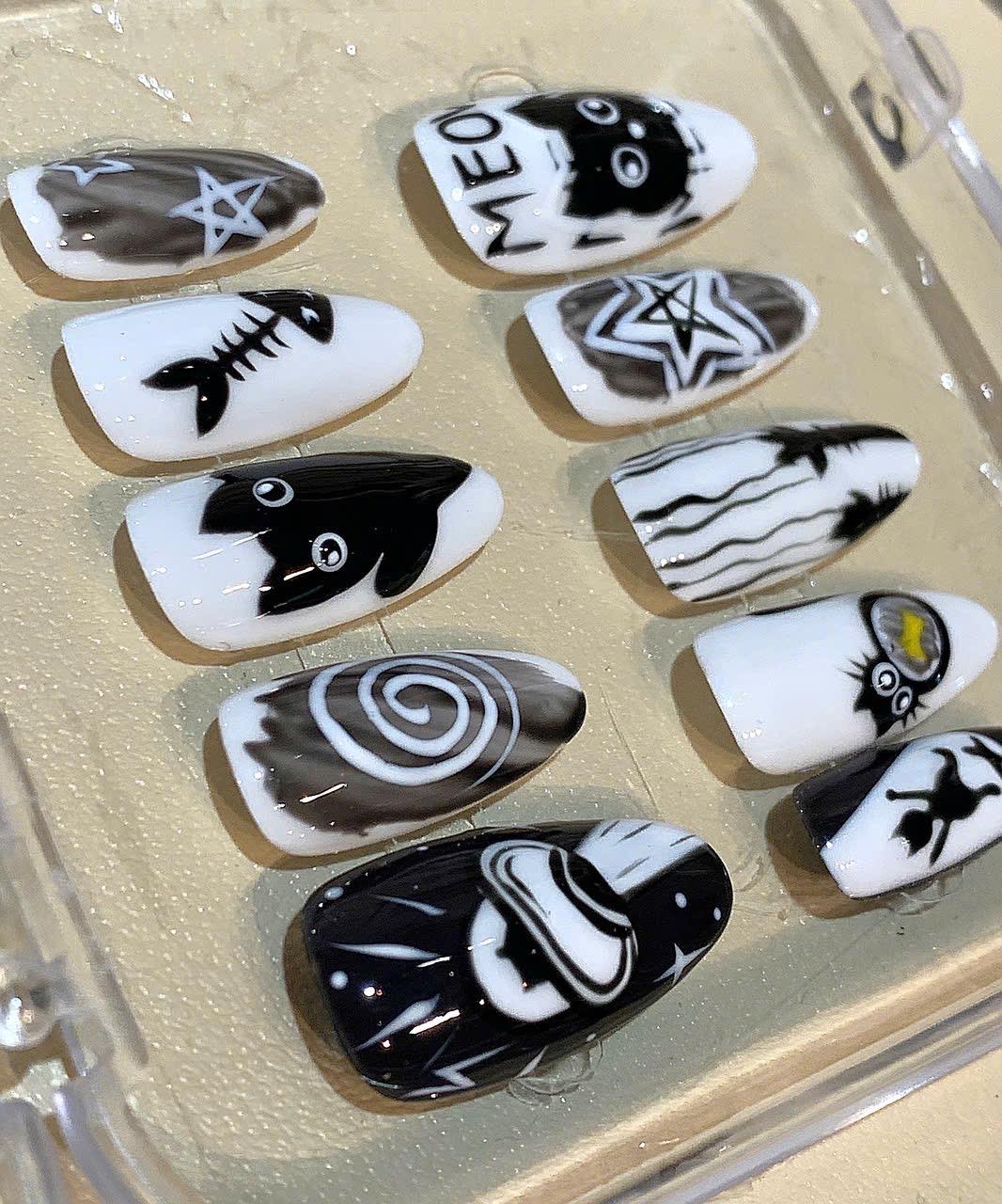Black and White Cat Press On Nails: Goth Kawaii Handmade Nail Art