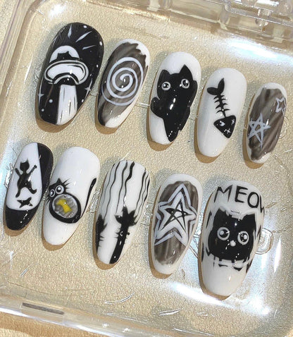 Black and White Cat Press On Nails: Goth Kawaii Handmade Nail Art