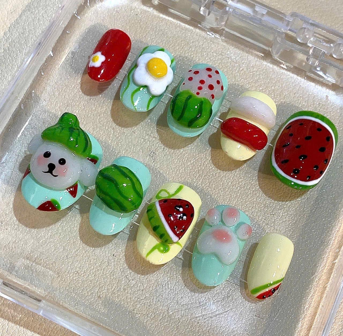Watermelon Dog Press On Nails: 3D Kawaii Nail Art for Kids