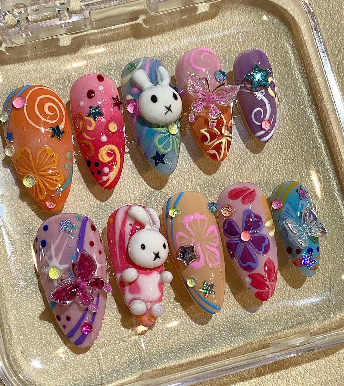 3D Cartoon Bunny Press On Nails: Handmade Colorful Nail Art Set
