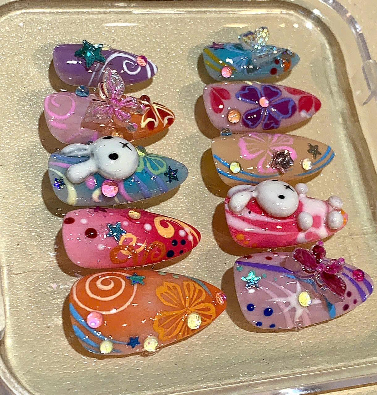 3D Cartoon Bunny Press On Nails: Handmade Colorful Nail Art Set