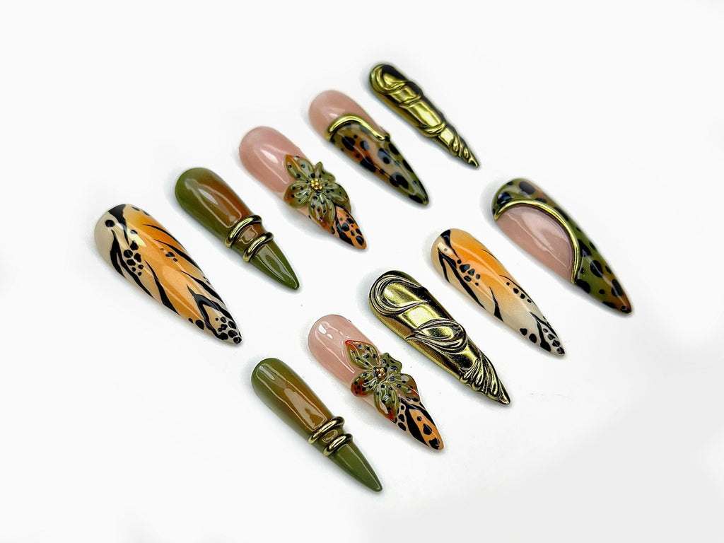 Wild Safari Glam Press On Nails | Animal Print, Jungle Green & 3D Floral Accents | Gold Metallic Abstract Nail Art | JC139EK