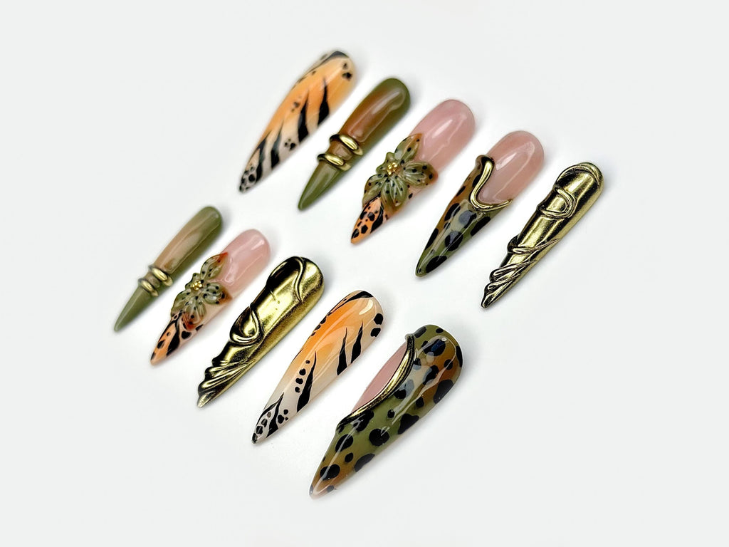 Wild Safari Glam Press On Nails | Animal Print, Jungle Green & 3D Floral Accents | Gold Metallic Abstract Nail Art | JC139EK