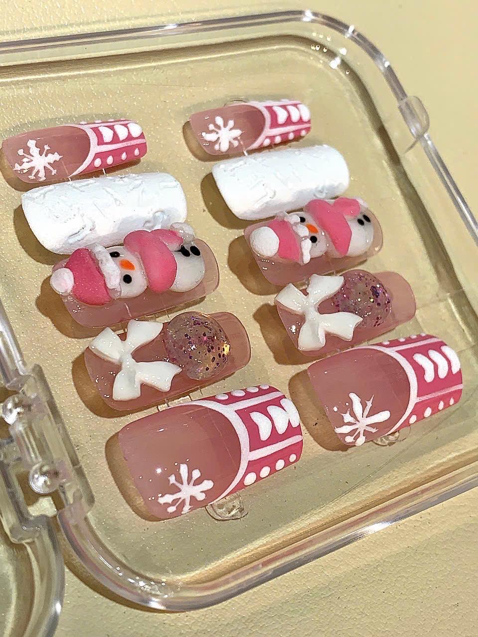 3D Snowman Press On Nails: Pink Winter Holiday Nail Art