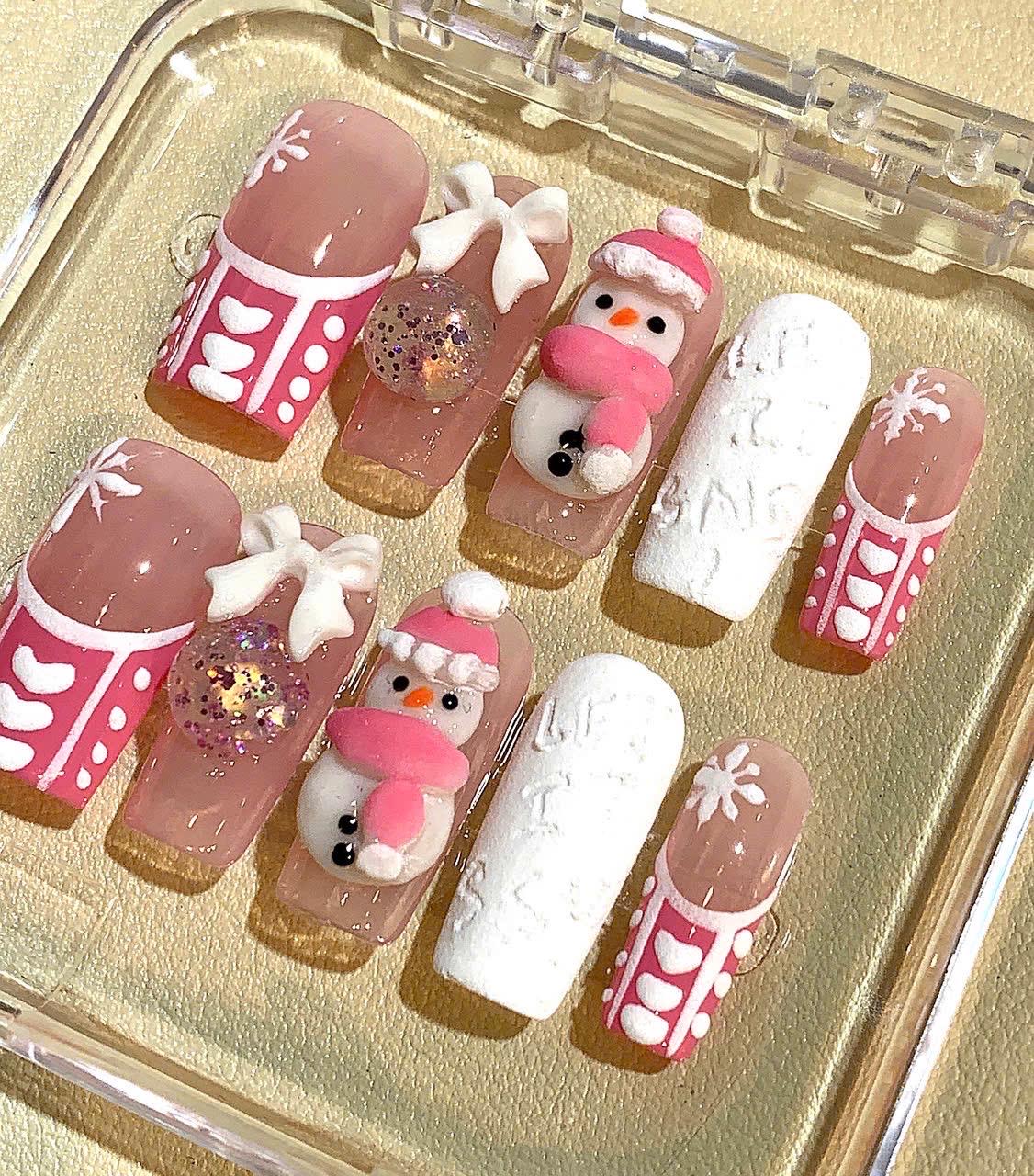 3D Snowman Press On Nails: Pink Winter Holiday Nail Art