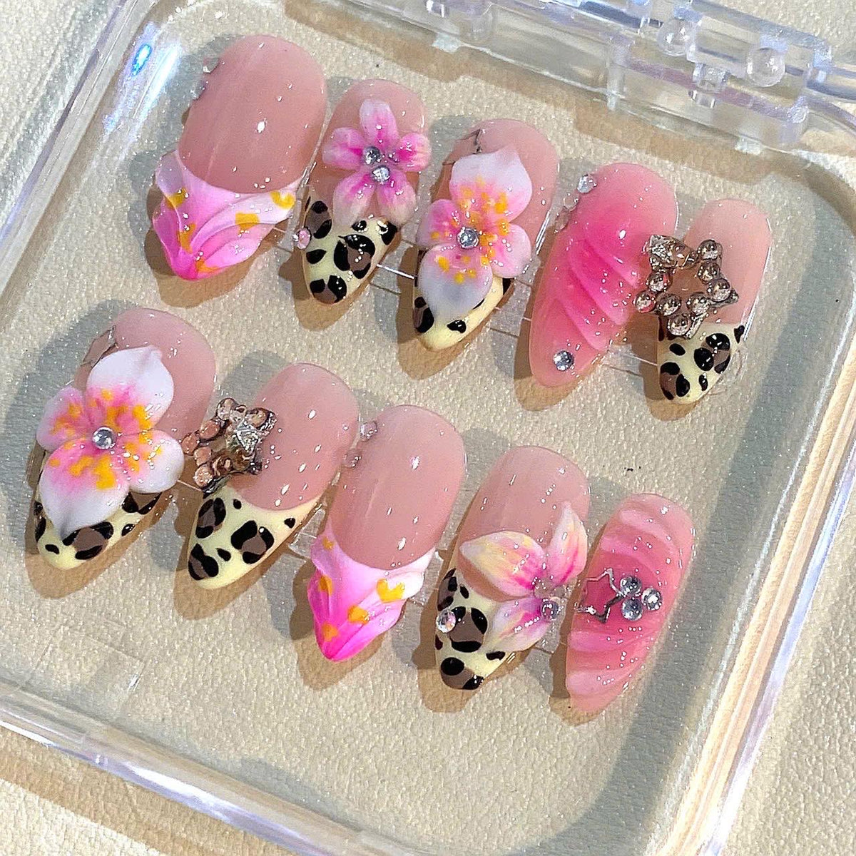 3D Floral Leopard Press On Nails: Pink Rhinestone Almond Nail Art