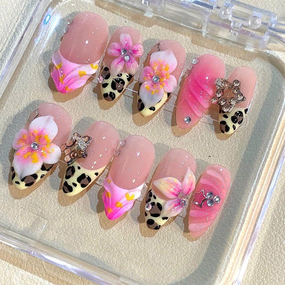 3D Floral Leopard Press On Nails: Pink Rhinestone Almond Nail Art