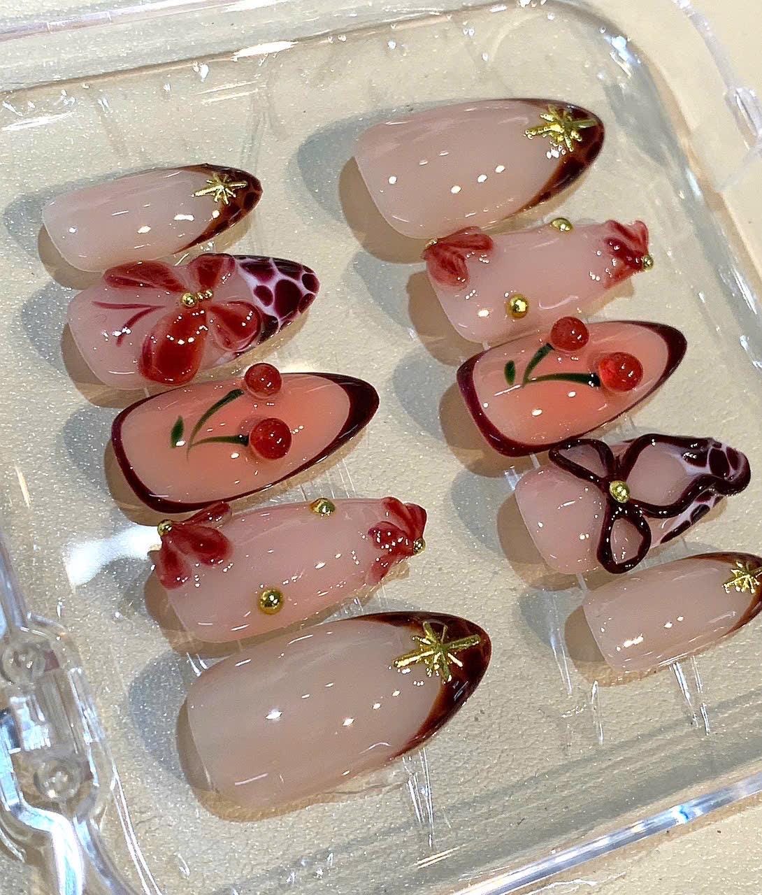 Cherry Bow Press On Nails | Elegant 3D Red Nail Art Set