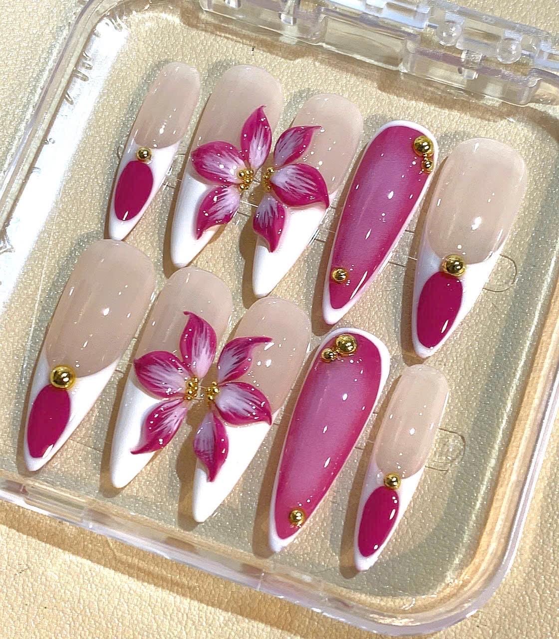Pink 3D Flower Press On Nails | Elegant White French Tip Nail Set