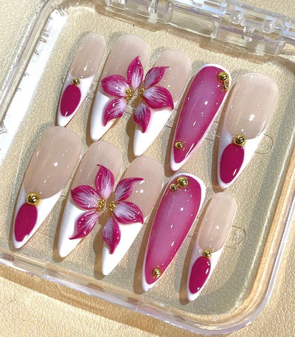 Pink 3D Flower Press On Nails | Elegant White French Tip Nail Set