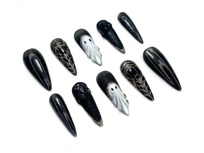 Midnight Phantom Press On Nails | Gothic Ghost Nail Art |Black Sparkle with 3D Ghost & Web Details | Handmade Long Coffin Press Ons |JC141EK