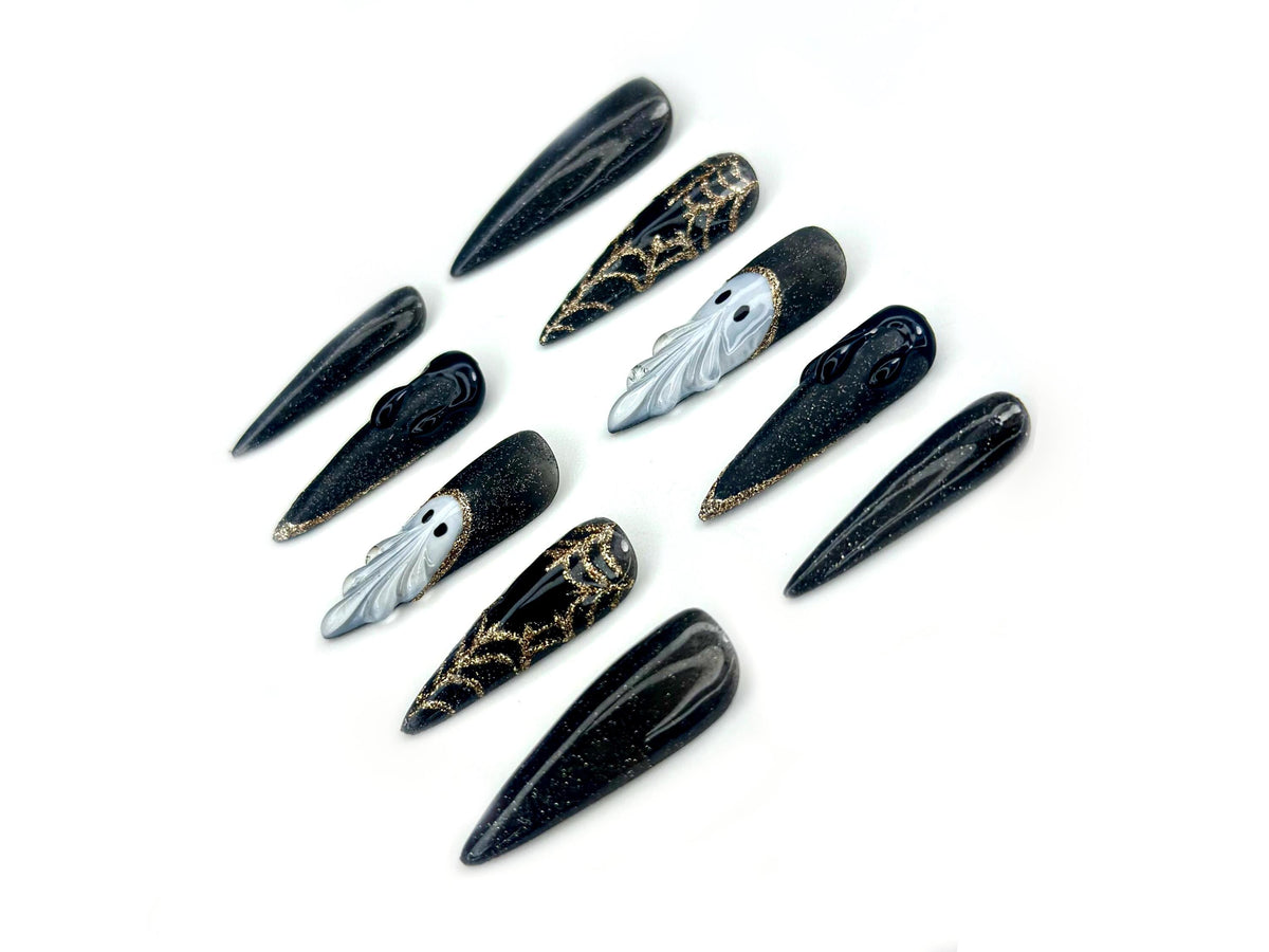 Midnight Phantom Press On Nails | Gothic Ghost Nail Art |Black Sparkle with 3D Ghost & Web Details | Handmade Long Coffin Press Ons |JC141EK