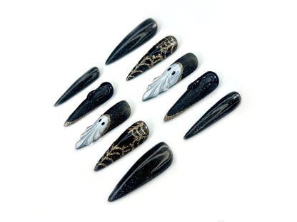 Midnight Phantom Press On Nails | Gothic Ghost Nail Art |Black Sparkle with 3D Ghost & Web Details | Handmade Long Coffin Press Ons |JC141EK