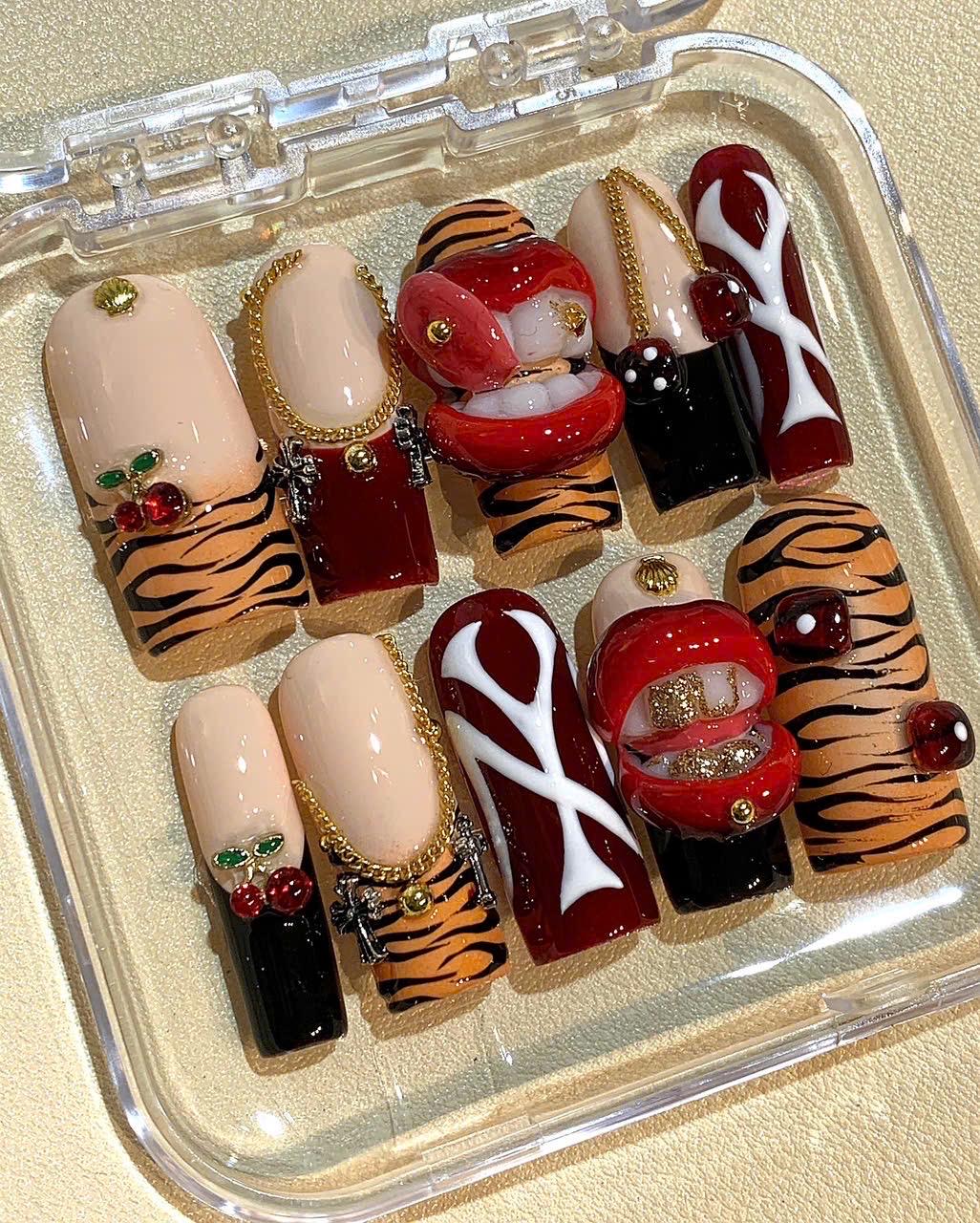 Tiger Print Press On Nails: Red Lips, Cherry Charm, Reusable Nail Art Set