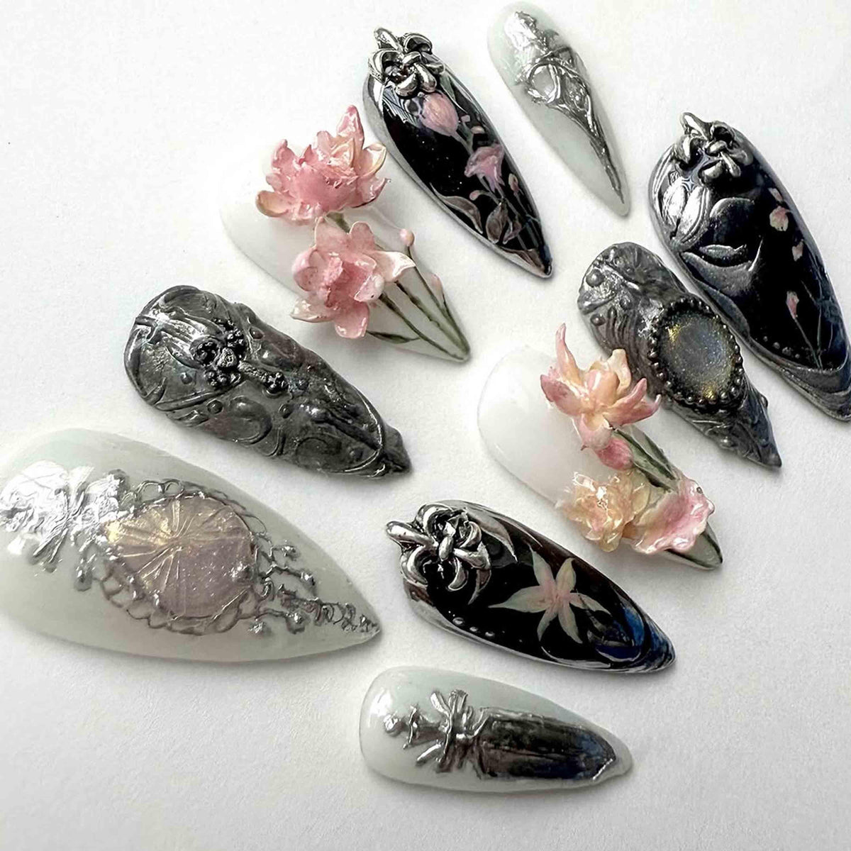 Handmade Gothic Floral Press On Nails | 3D Pink Blossoms & Antique Silver Embossing | Monochrome Almond Nails For Dark Romantic Vibe