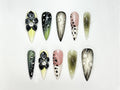 Elegant Green Bloom Press On Nails | 3D Black White Floral Nails | Handpainted Nature Nail Art | Green Ombre & Dot Accent Nails | JC101HK
