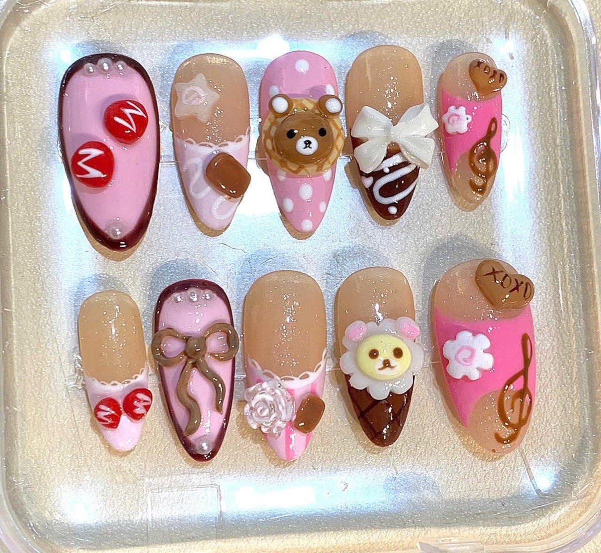 Kawaii Bear Press On Nails: Pink Chocolate 3D Harajuku Fake Nails