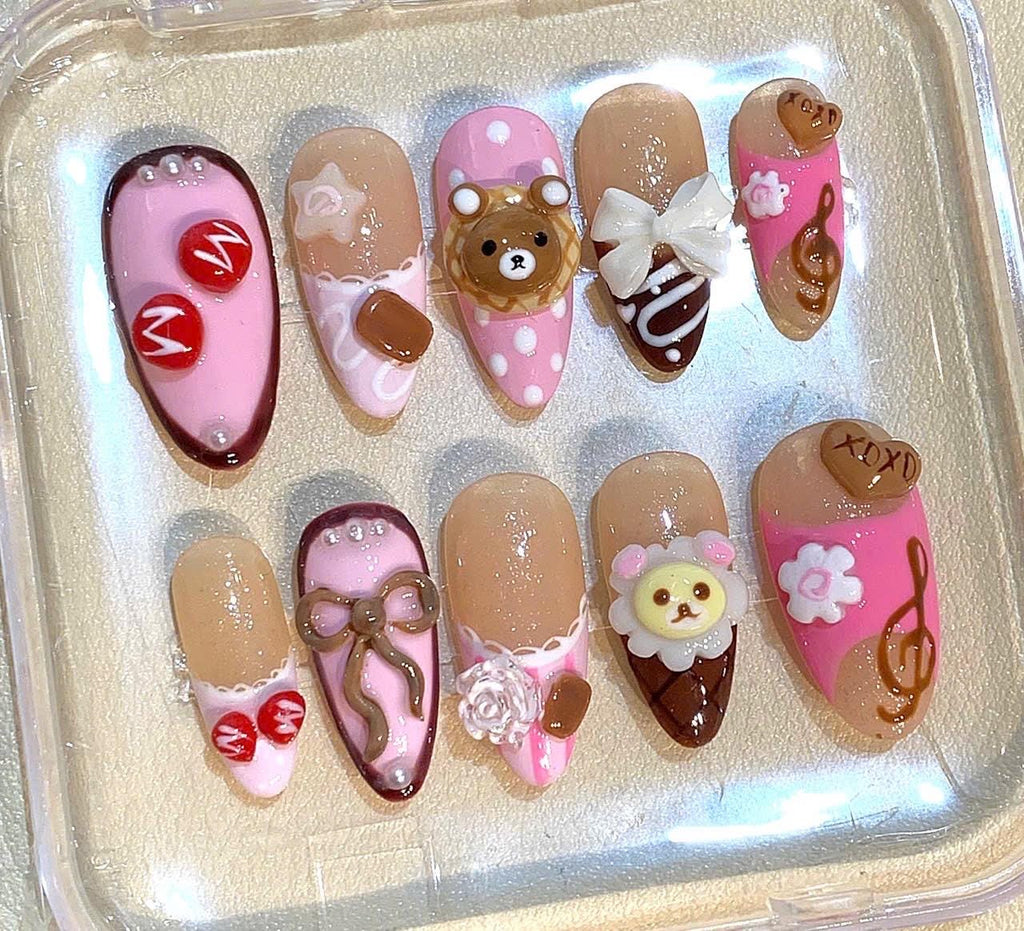 Kawaii Bear Press On Nails: Pink Chocolate 3D Harajuku Fake Nails