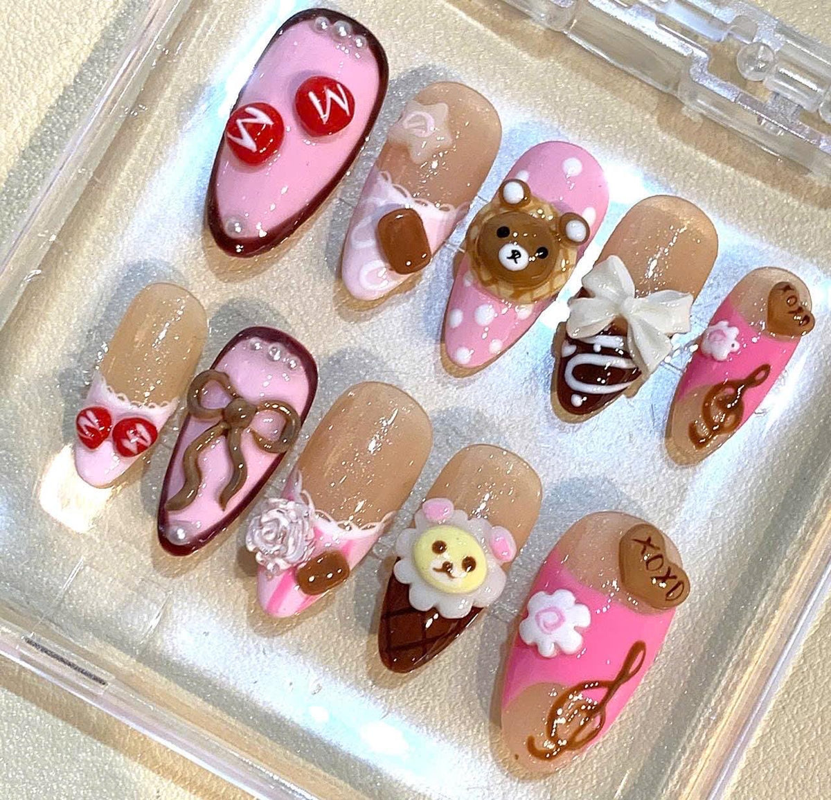Kawaii Bear Press On Nails: Pink Chocolate 3D Harajuku Fake Nails