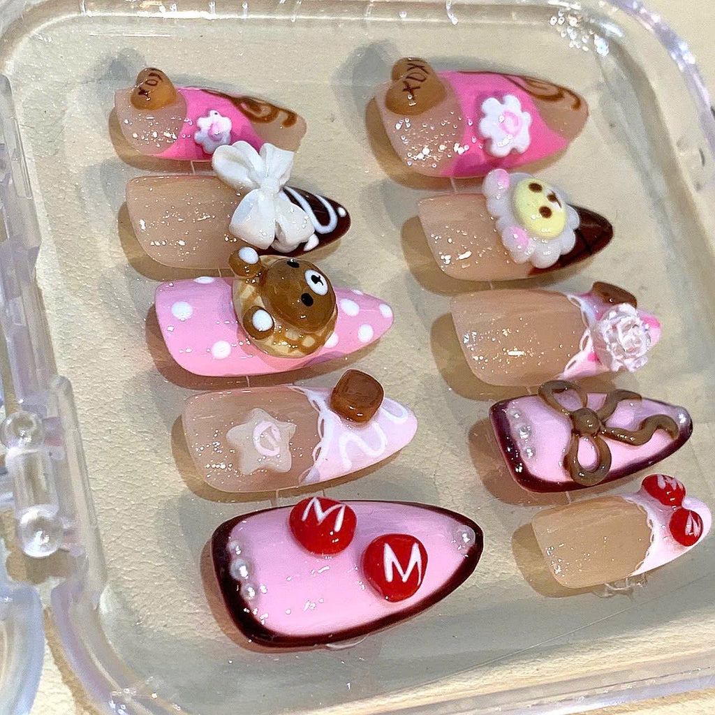 Kawaii Bear Press On Nails: Pink Chocolate 3D Harajuku Fake Nails