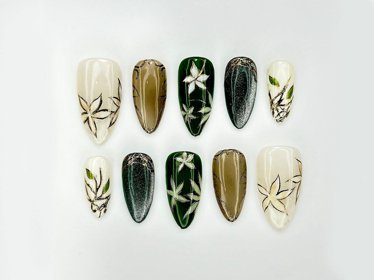 Jade Garden Serenity Press On Nails | Chinese Ink Painting Style | Lotus Bloom & Jade Charm Nails | Elegant Floral Nail Art | JC105EK