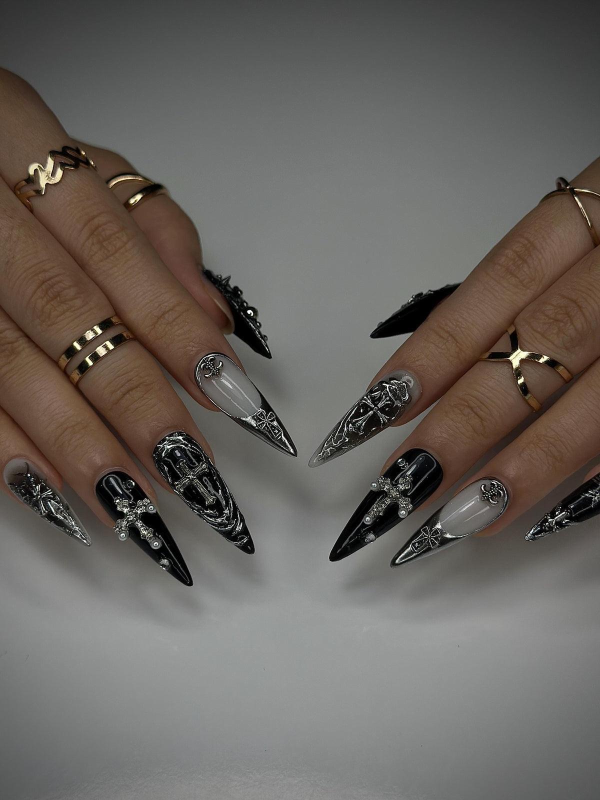 Gothic Baroque Metal Press On Nails | 3D Silver Cross Nail Art | Black & Gray Gothic Stiletto Nails | Handmade Luxury Gothic Nails | JB147HP