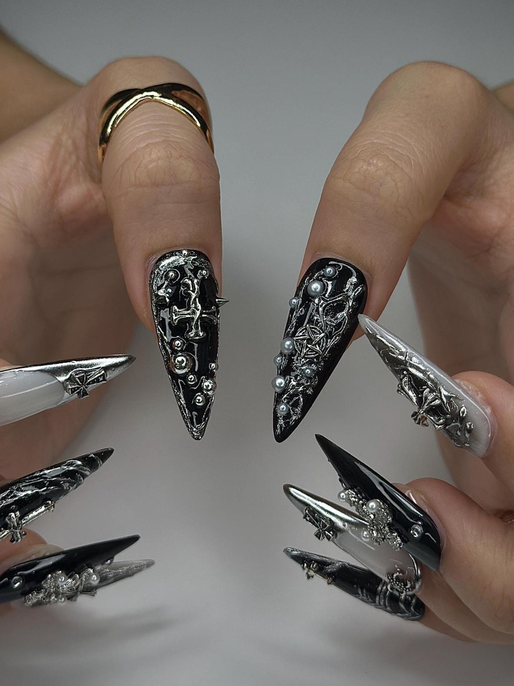 Gothic Baroque Metal Press On Nails | 3D Silver Cross Nail Art | Black & Gray Gothic Stiletto Nails | Handmade Luxury Gothic Nails | JB147HP