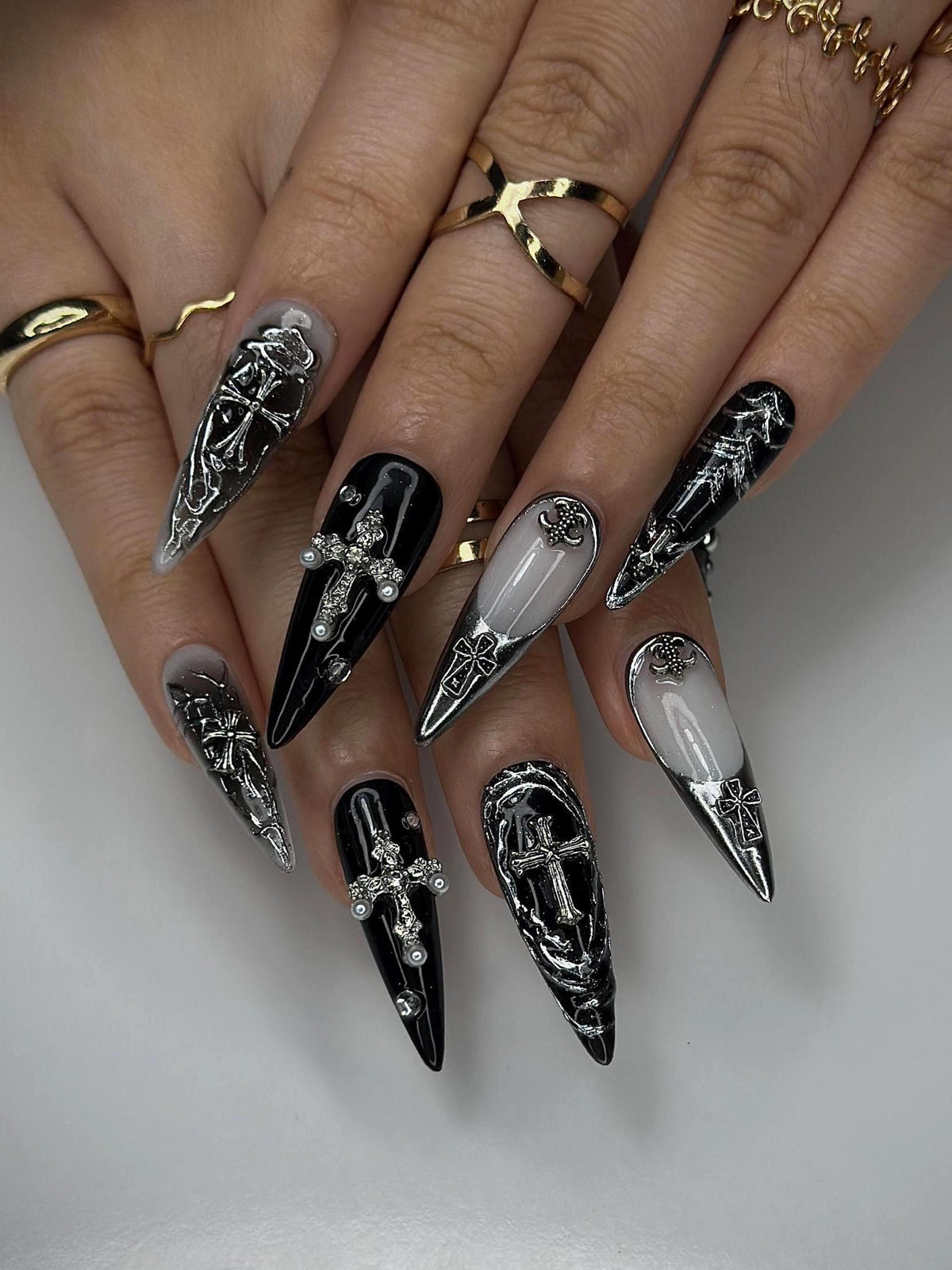 Gothic Baroque Metal Press On Nails | 3D Silver Cross Nail Art | Black & Gray Gothic Stiletto Nails | Handmade Luxury Gothic Nails | JB147HP