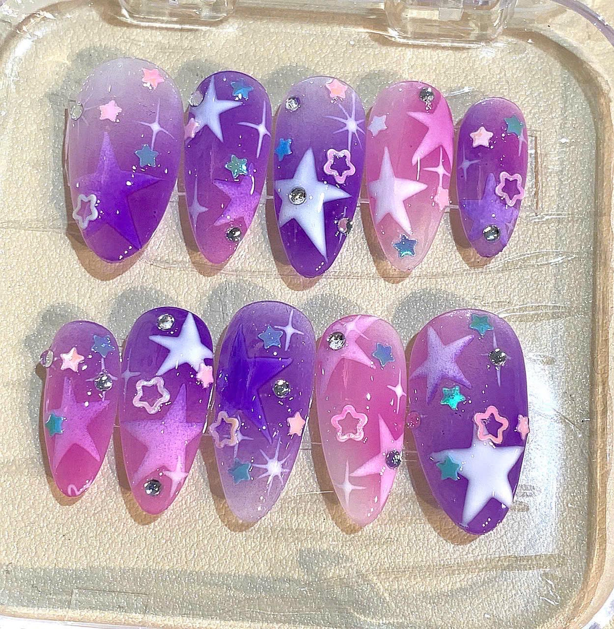 Y2K Star Press On Nails: Purple Pink Cosmic Ombre, Celestial Glitter