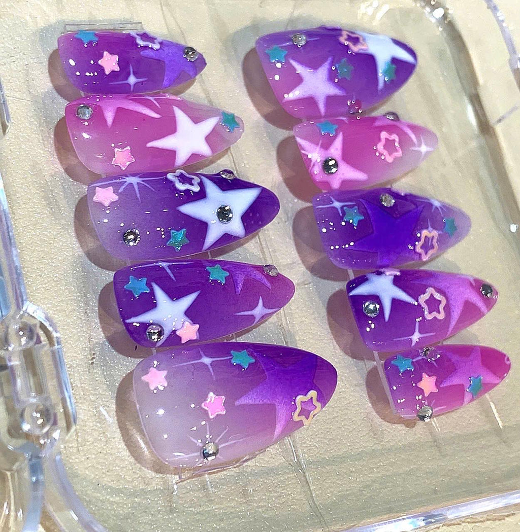 Y2K Star Press On Nails: Purple Pink Cosmic Ombre, Celestial Glitter