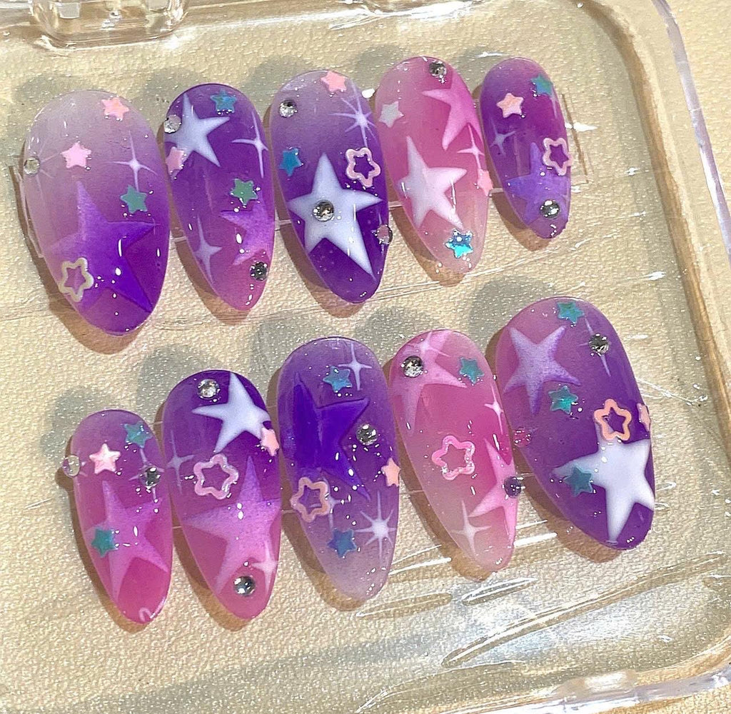 Y2K Star Press On Nails: Purple Pink Cosmic Ombre, Celestial Glitter