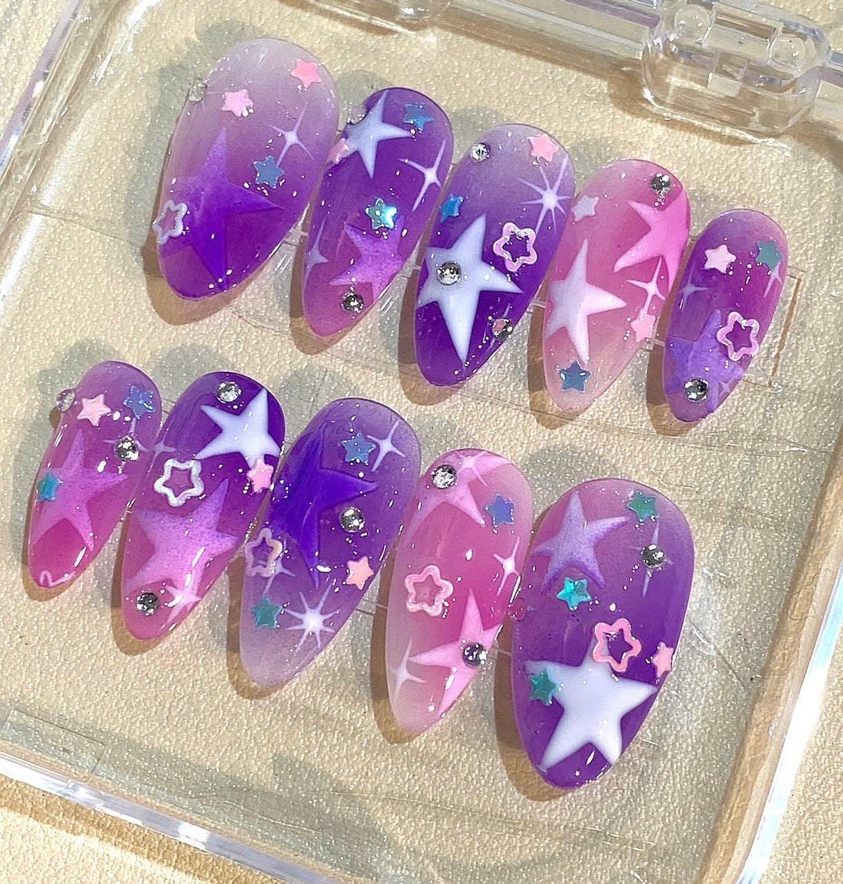 Y2K Star Press On Nails: Purple Pink Cosmic Ombre, Celestial Glitter