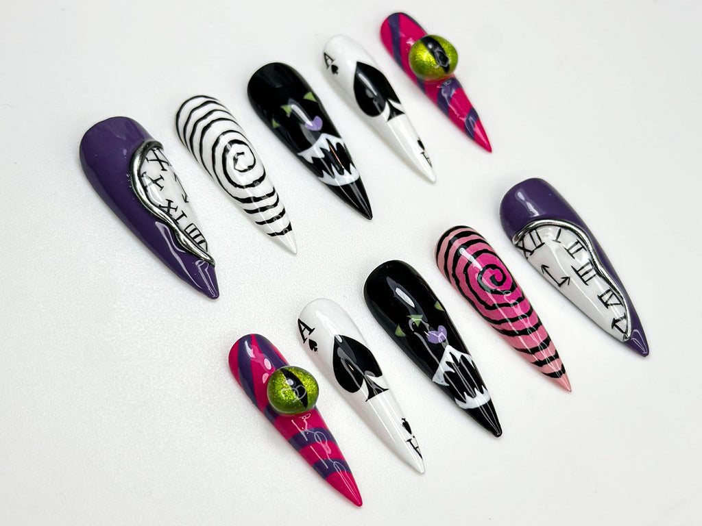 Cheshire Cat Wonderland Press On Nails |  Alice in Wonderland Nail Art | Playing Card & Spiral Illusion Nails | Halloween Nails | JB109HK