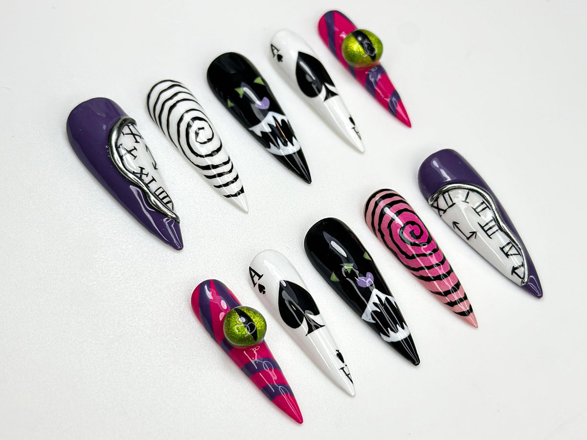 Cheshire Cat Wonderland Press On Nails |  Alice in Wonderland Nail Art | Playing Card & Spiral Illusion Nails | Halloween Nails | JB109HK